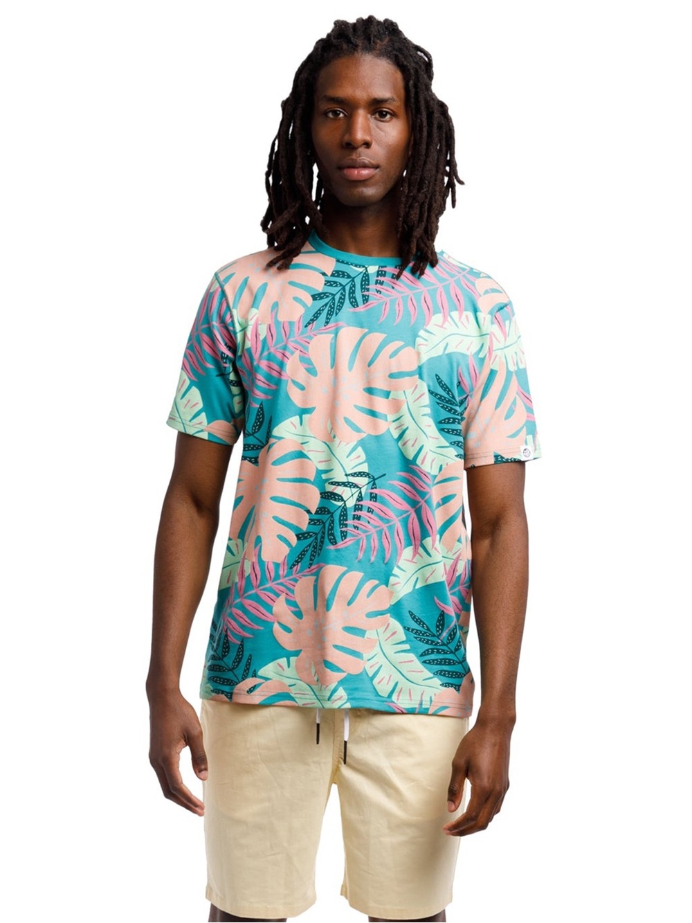 Free Planet Tropical Leaf Short-Sleeve Tee - Teal & Pink Size M NWT